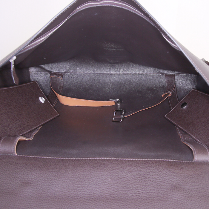 Hermès briefcase in dark brown togo leather and brown leather - Detail D3