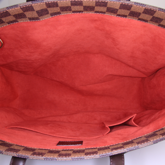 Sac cabas Louis Vuitton Parioli grand modèle en toile damier marron et cuir marron - Detail D2