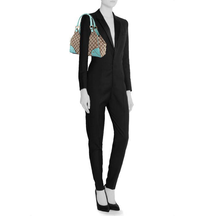 Bolso de mano Gucci Bardot en lona Monogram beige y cuero azul - Detail D1