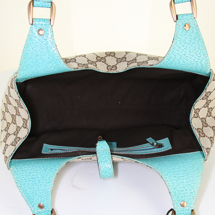 Borsa Gucci Bardot in tela monogram beige e pelle blu - Detail D2