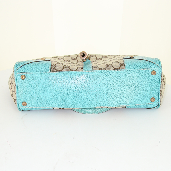 Gucci Bardot handbag in beige monogram canvas and blue leather - Detail D4