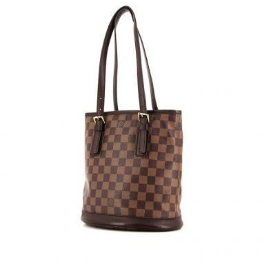 Sac cabas Louis Vuitton Bucket en toile damier marron et cuir marron