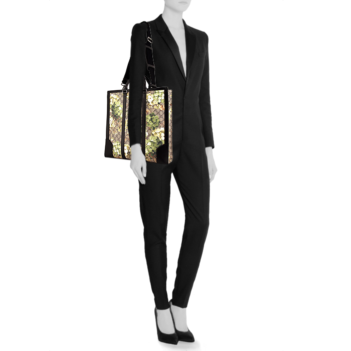 Shopping bag Gucci in tela monogram beige a fiori e pelle nera - Detail D2