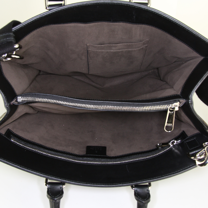 Gucci shopping bag in beige monogram canvas and black leather - Detail D3