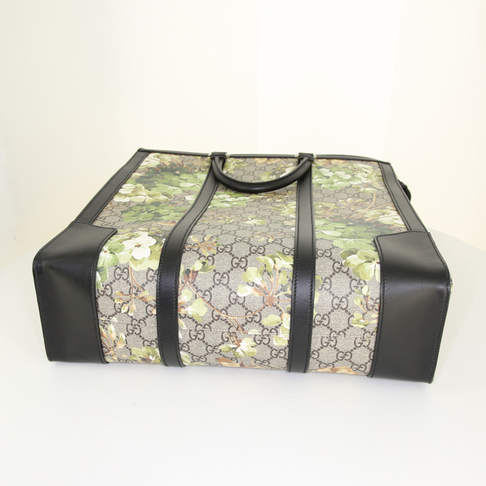 Shopping bag Gucci in tela monogram beige a fiori e pelle nera - Detail D5