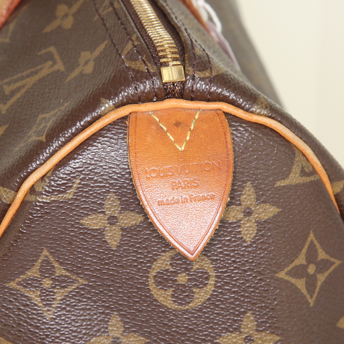 Sac à main Louis Vuitton Speedy 35 en toile monogram marron et cuir naturel - Detail D3