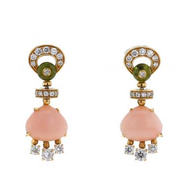 Bulgari Mediterranean Eden  pendants earrings in yellow gold,  coral and peridots and in diamonds Bulgari Mediterranean Eden  pendants earrings in yellow gold,  coral and peridots and in diamonds