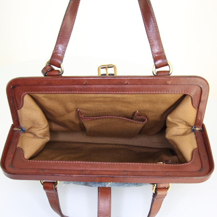 Sac à main Ralph Lauren en toile denim bleue et cuir marron - Detail D2