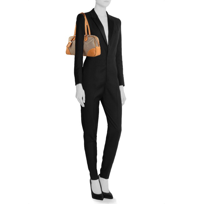 Prada Bowling handbag in brown leather and beige canvas - Detail D1