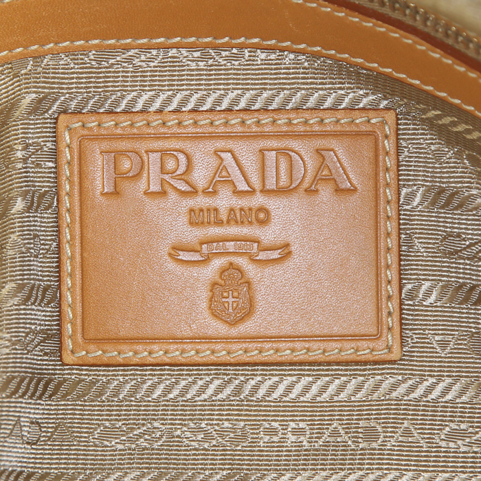 Prada Bowling handbag in brown leather and beige canvas - Detail D3