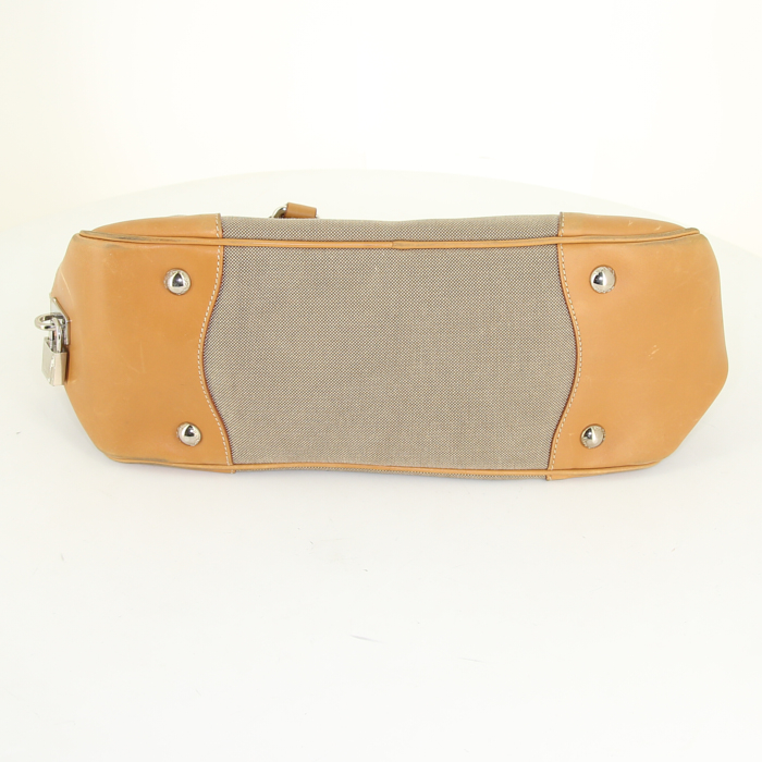 Prada Bowling handbag in brown leather and beige canvas - Detail D4