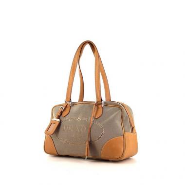 Sac à main Prada Bowling en cuir marron et toile beige