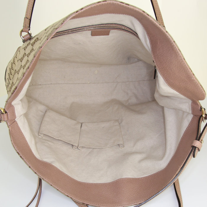 Shopping bag Gucci in tela monogram beige e pelle beige rosato - Detail D3