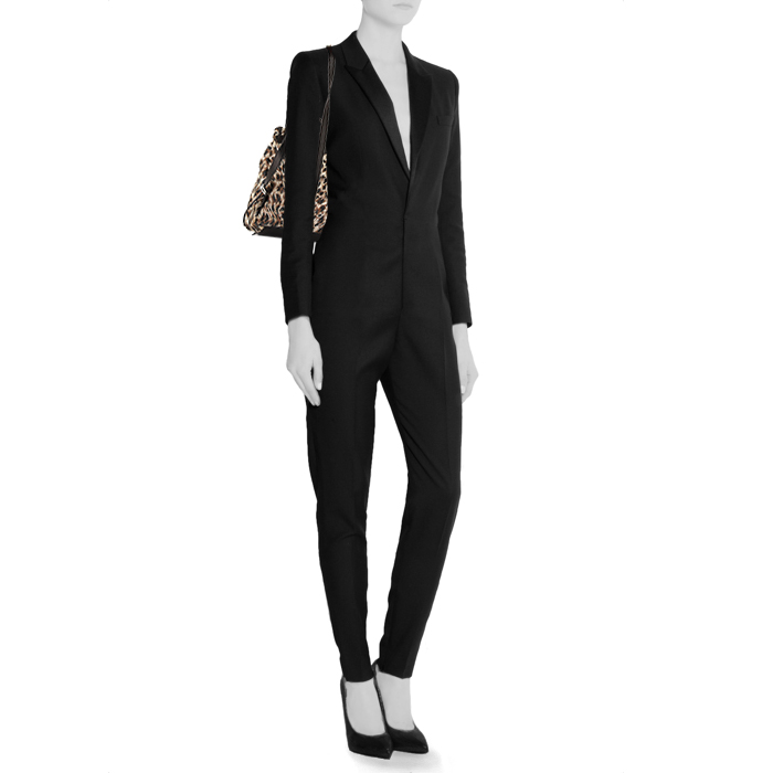 Zaino Saint Laurent in tela beige nera e marrone con motivo animalier e pelle nera - Detail D1