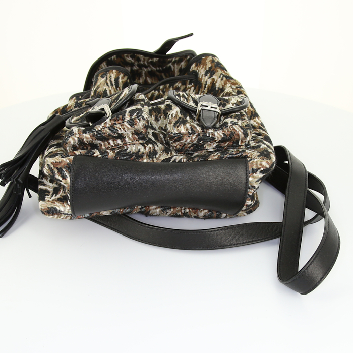 Zaino Saint Laurent in tela beige nera e marrone con motivo animalier e pelle nera - Detail D4