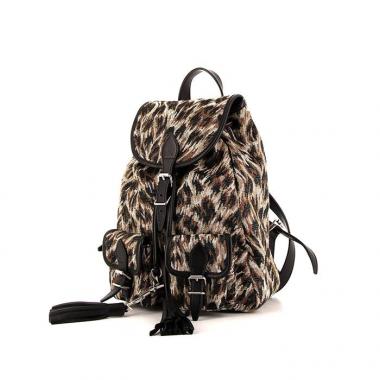 Zaino Saint Laurent in tela beige nera e marrone con motivo animalier e pelle nera
