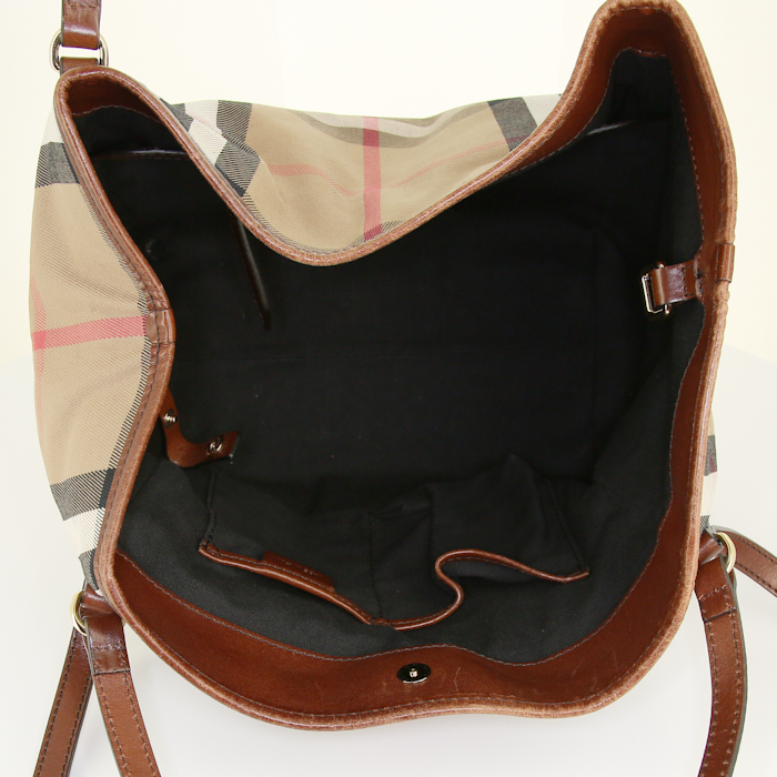 Shopping bag Burberry in tela Haymarket beige e pelle marrone - Detail D2