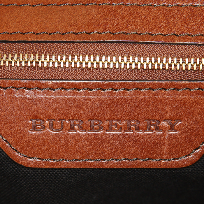 Burberry shopping bag in beige Haymarket canvas and brown leather - Detail D3