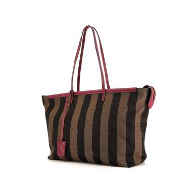 Bolso Cabás en lona estampada con diseños marrón y cuero color frambuesa