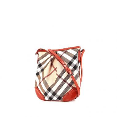 Borsa a tracolla Burberry in tela cerata Haymarket beige e pelle verniciata arancione