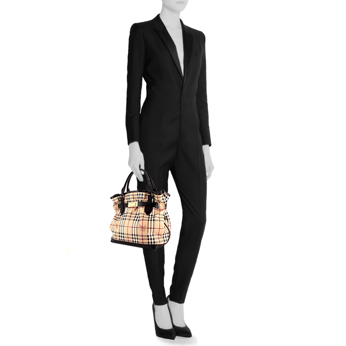 Burberry handbag in beige Haymarket canvas and black leather - Detail D1