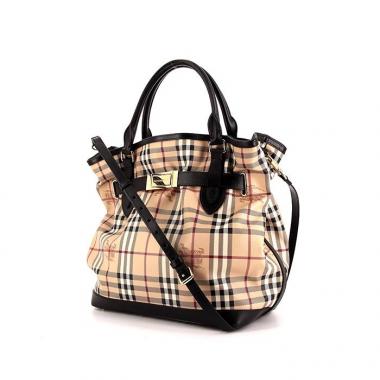 Sac à main Burberry en toile Haymarket beige et cuir noir