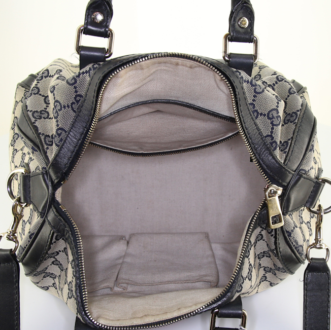 Bolso bandolera Gucci Boston en lona Monogram azul y roja y cuero azul - Detail D3