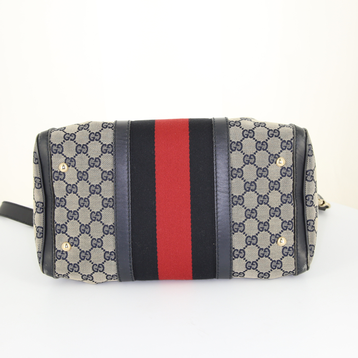 Sac bandoulière Gucci Boston en toile monogram bleue et rouge et cuir bleu - Detail D5
