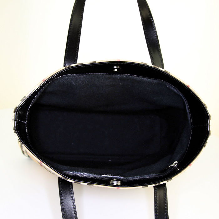Shopping bag Burberry in tela Haymarket e pelle lucida nera - Detail D2
