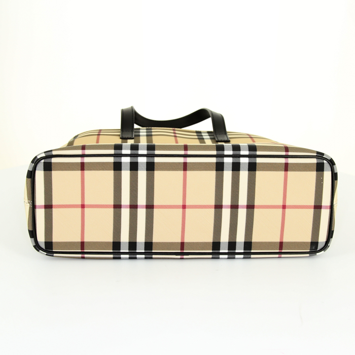 Shopping bag Burberry in tela Haymarket e pelle lucida nera - Detail D4