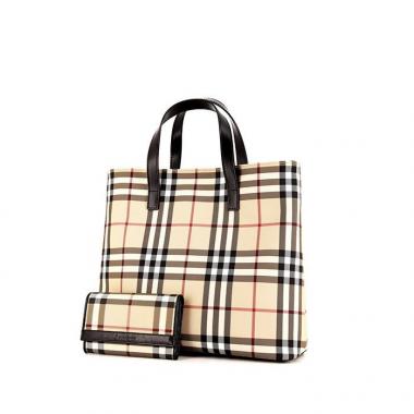 Shopping bag Burberry in tela Haymarket e pelle lucida nera