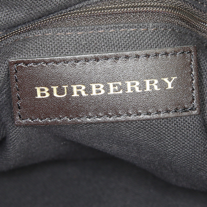 Bolso de mano Burberry en lona Haymarket beige y cuero marrón oscuro - Detail D4