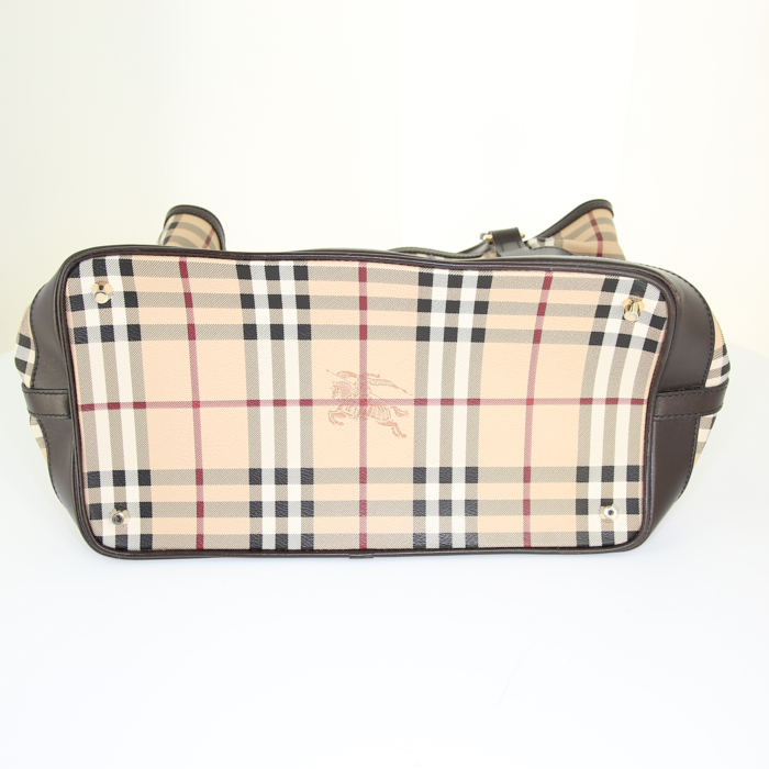 Borsa Burberry in tela Haymarket beige e pelle marrone scuro - Detail D5