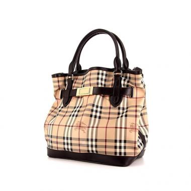 Burberry handbag in beige Haymarket canvas and dark brown leather