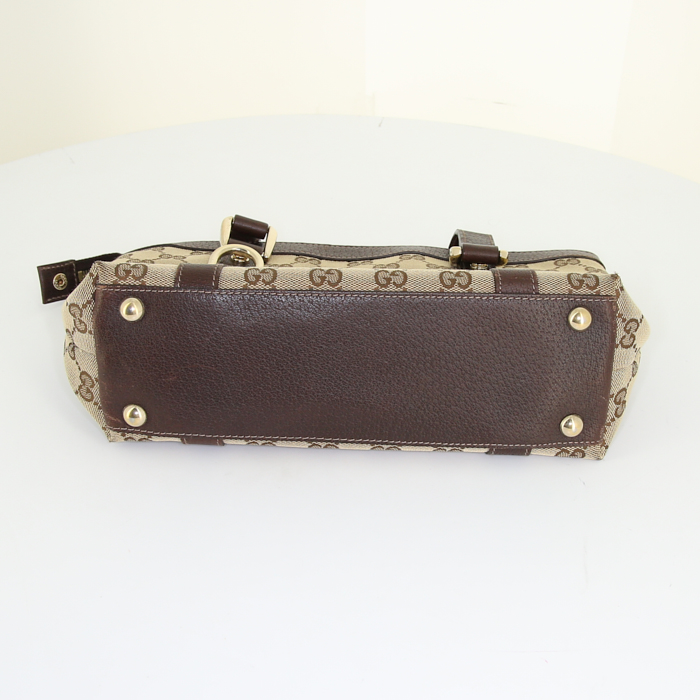 Borsa Gucci in tela monogram beige e pelle marrone - Detail D4