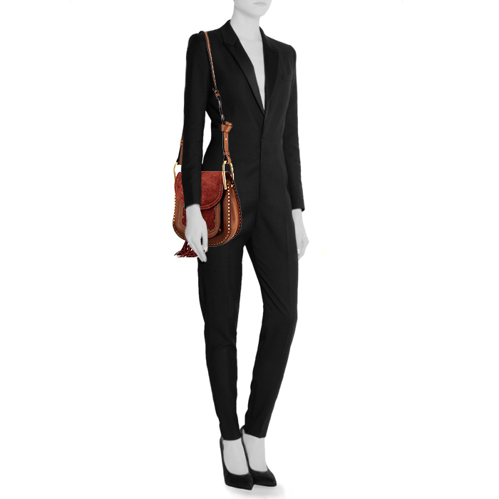 Chloé handbag in burgundy suede and brown leather - Detail D1