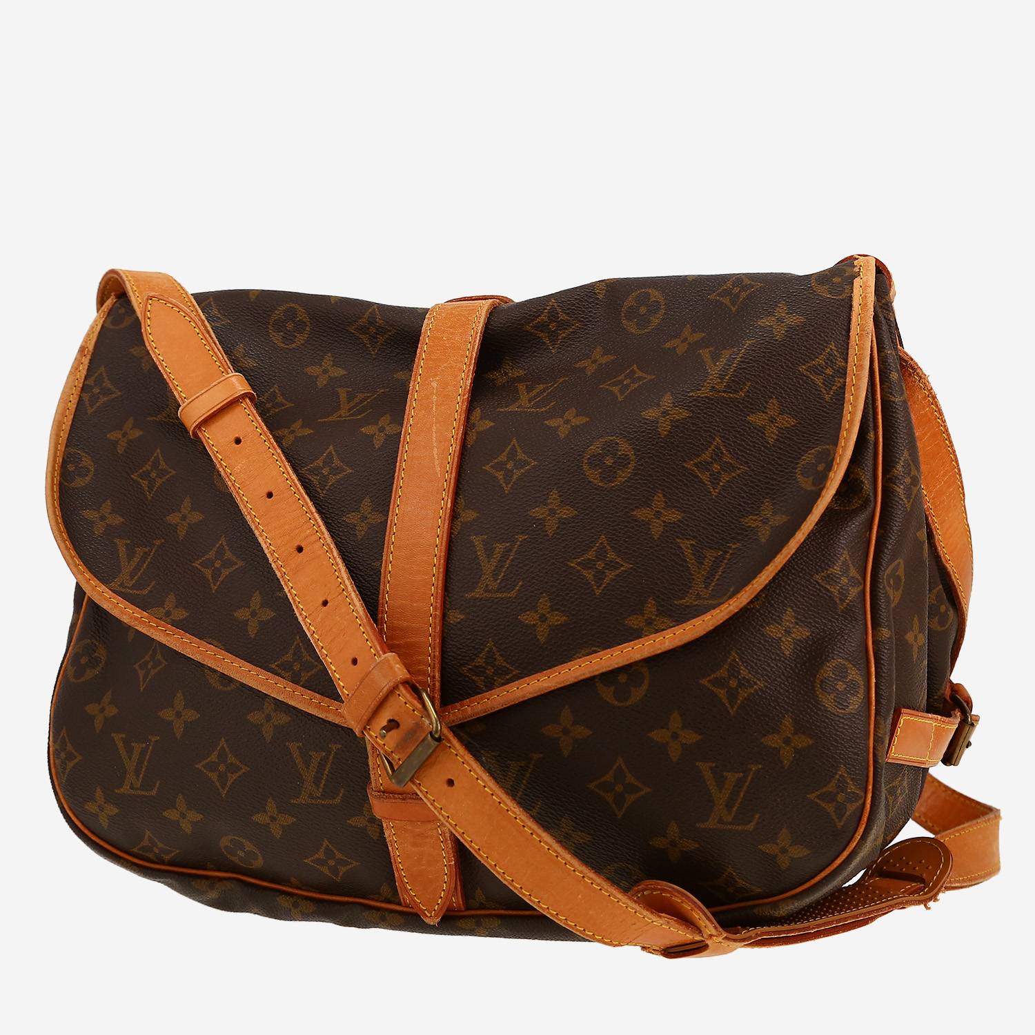 Borsa a tracolla Louis Vuitton  Saumur modello medio  in tela monogram cerata marrone e pelle naturale