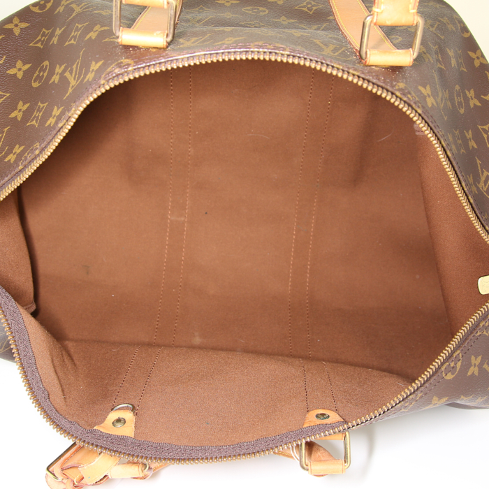 Borsa da viaggio Louis Vuitton Keepall 50 cm in tela monogram marrone e pelle naturale - Detail D2