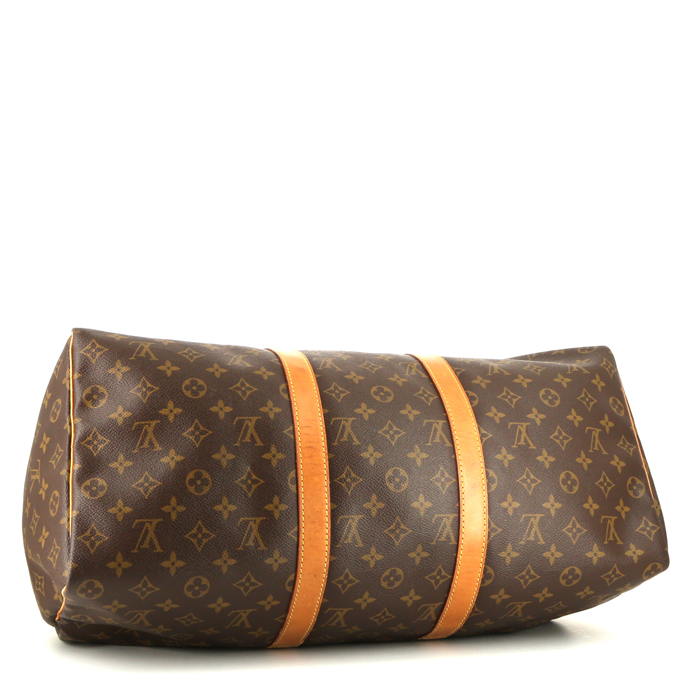 Bolsa de viaje Louis Vuitton Keepall 50 cm en lona Monogram marrón y cuero natural - Detail D4