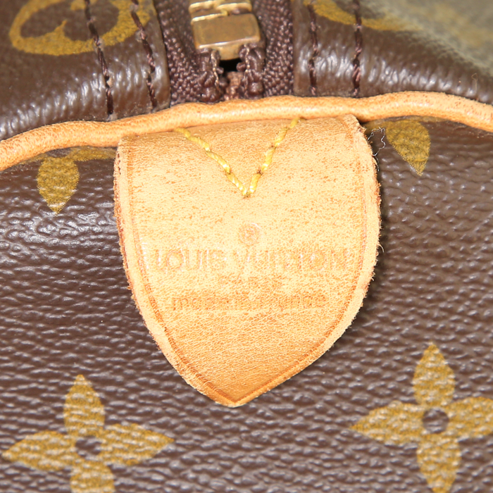 Sac de voyage Louis Vuitton Keepall 50 cm en toile monogram marron et cuir naturel - Detail D3
