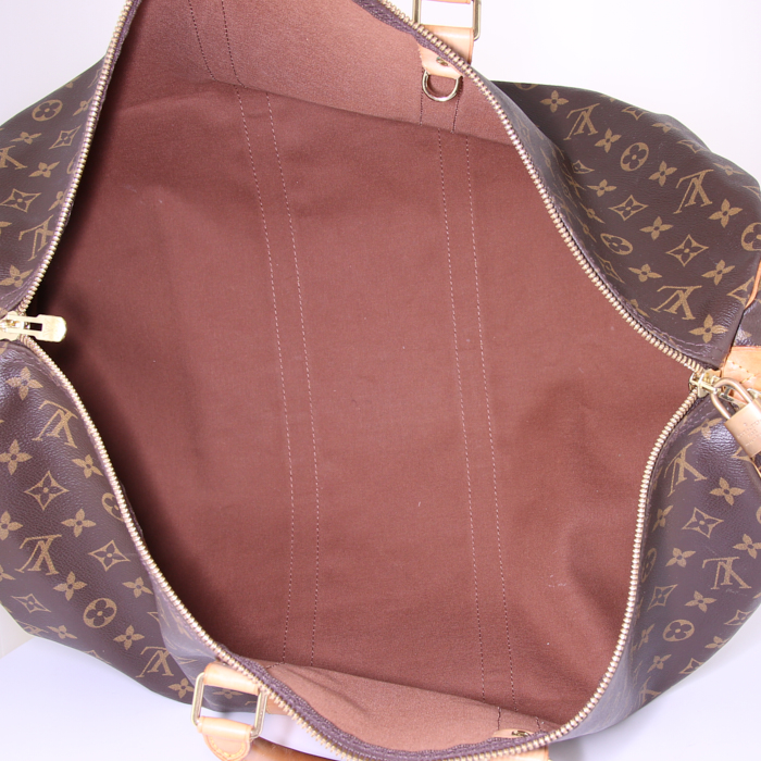 Bolsa de viaje Louis Vuitton Keepall 55 cm en lona Monogram marrón y cuero natural - Detail D2