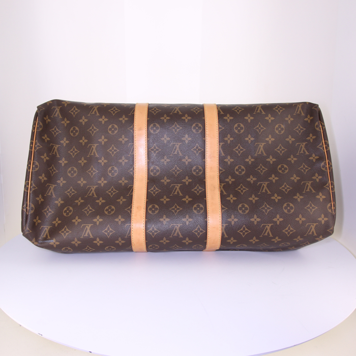 Louis Vuitton Keepall 55 cm travel bag in brown monogram canvas and natural leather - Detail D4