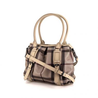 Sac à main Burberry Northfield en toile enduite Haymarket beige et cuir beige