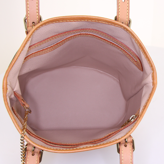 Sac cabas Louis Vuitton Bucket en toile monogram marron et cuir naturel - Detail D2