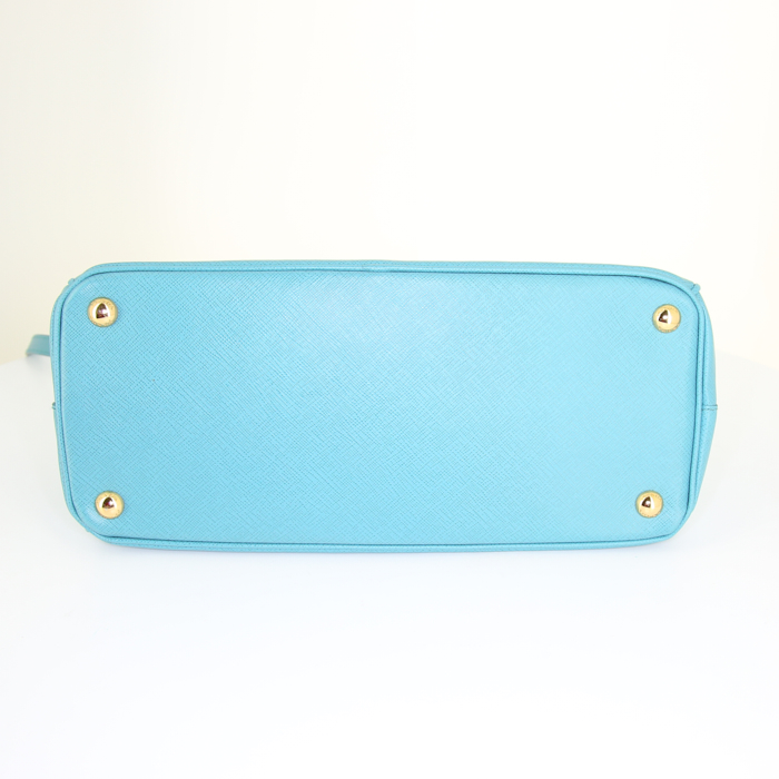 Prada Galleria small model handbag in turquoise leather saffiano - Detail D5
