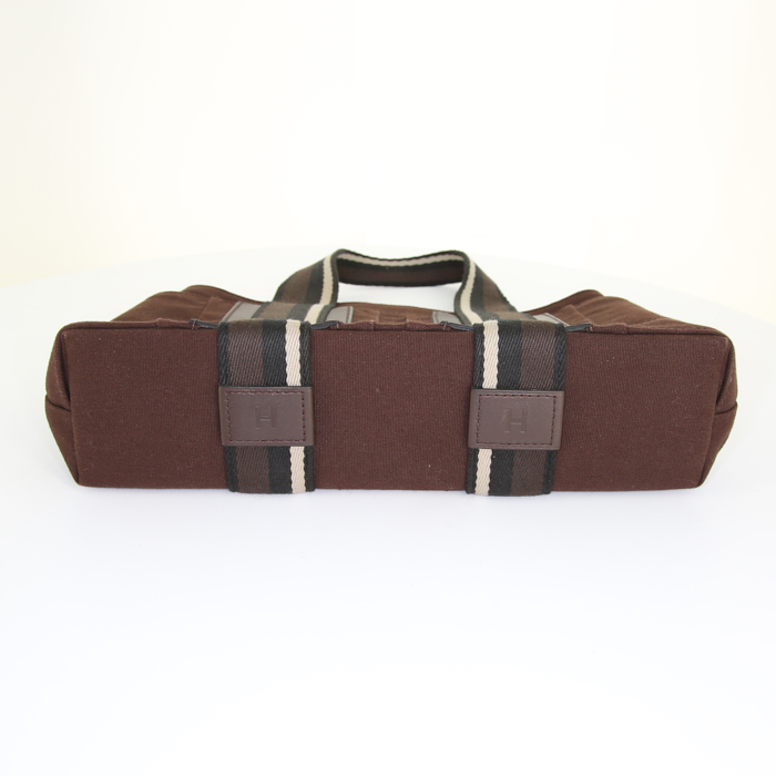 Hermès Troca small model handbag in dark brown canvas and brown leather - Detail D4