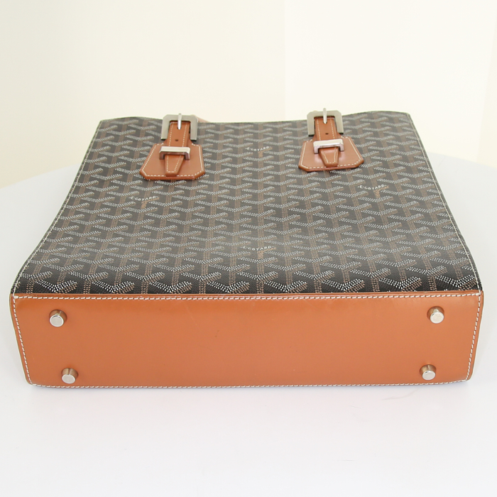 Goyard Comores shopping bag in black monogram canvas and brown leather - Detail D4