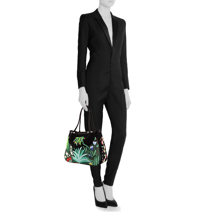 Sac cabas Renaud Pellegrino en toile multicolore noire , verte bleue et rouge et cuir noir - Detail D1