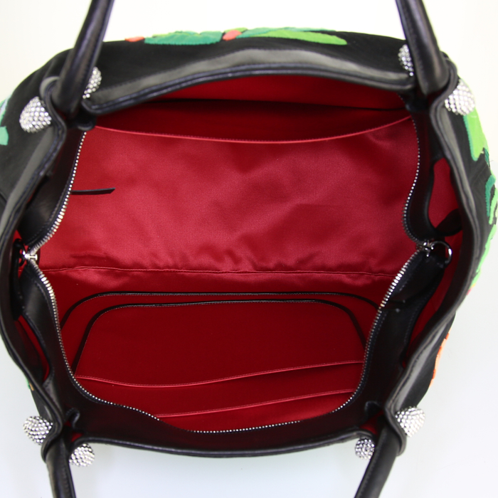 Sac cabas Renaud Pellegrino en toile multicolore noire , verte bleue et rouge et cuir noir - Detail D3