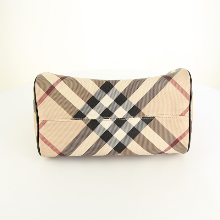 Bolso de mano Burberry en lona Haymarket beige y charol negro - Detail D4